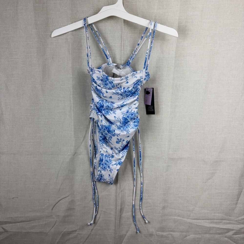 Wild Fable Swimsuit Womens XXS Blue White Floral One Piece Extra High Leg Cheeky